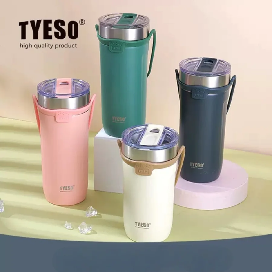 Tyeso Thermoses Stainless Steel Coffee Mug with Straw Insulated Vacuum Flask Tumbler Double-Walled Bottle for Hot Cold Beverages
