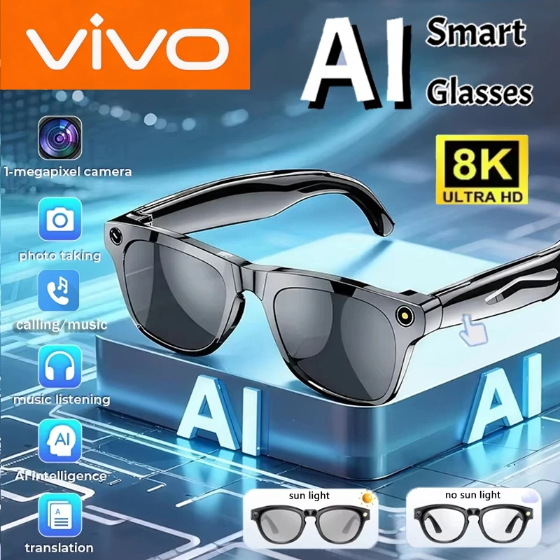 VIVO 8K AI Smart Glasses With 100mp Camera Chat Gpt Touch Sport Sunglasses Bluetooth Calling Music Player Photochromic For Gift