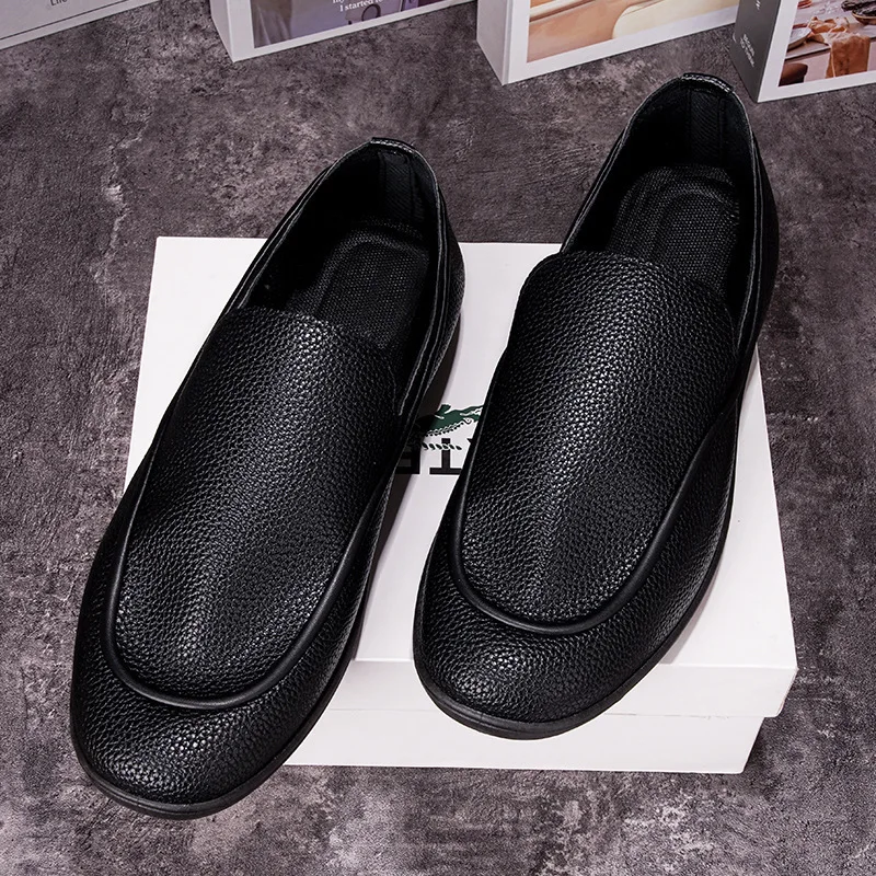 Mens Cross Border Leather Shoes Simple Loafers Comfortable Soft Sole Slip On Walking Shoes Flat Shoes Wholesale - Image 3