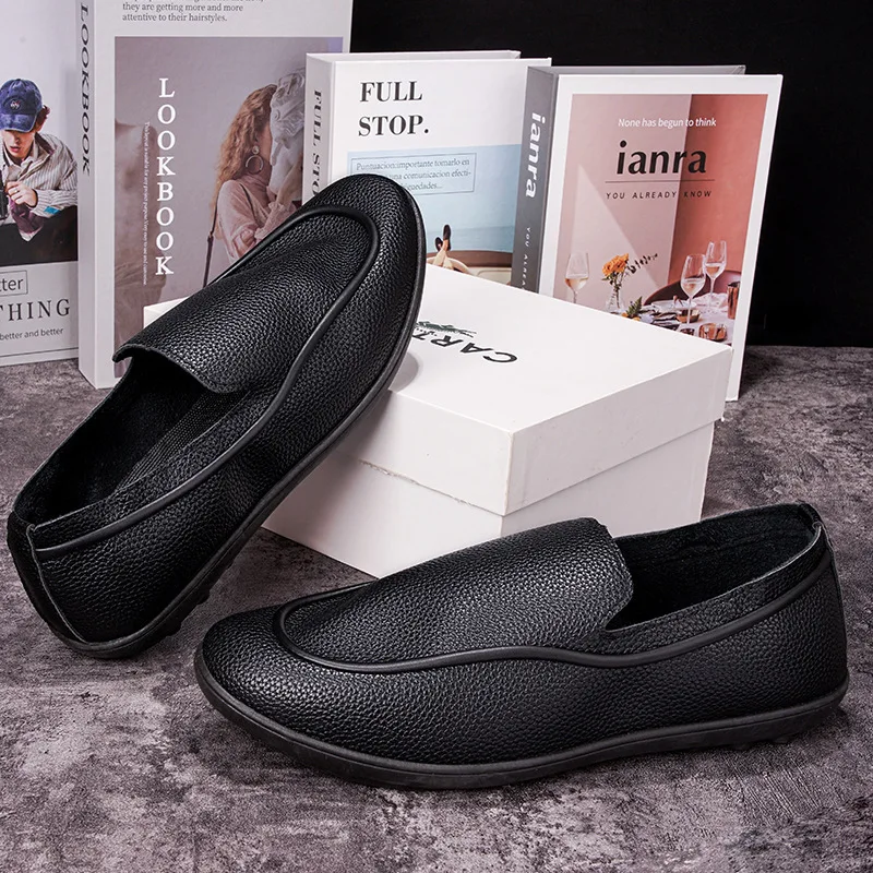 Mens Cross Border Leather Shoes Simple Loafers Comfortable Soft Sole Slip On Walking Shoes Flat Shoes Wholesale - Image 4