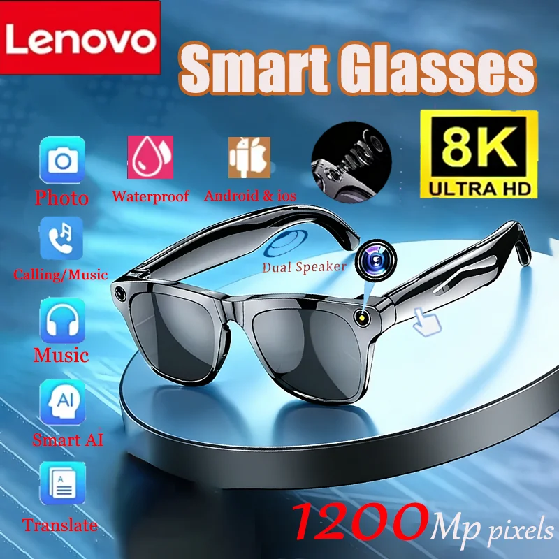 Lenovo 8K Smart AI Glasses With 1200mp Camera Chat Gpt Touch Sport Sunglasses Bluetooth Calling Music Player For Men Women Gift