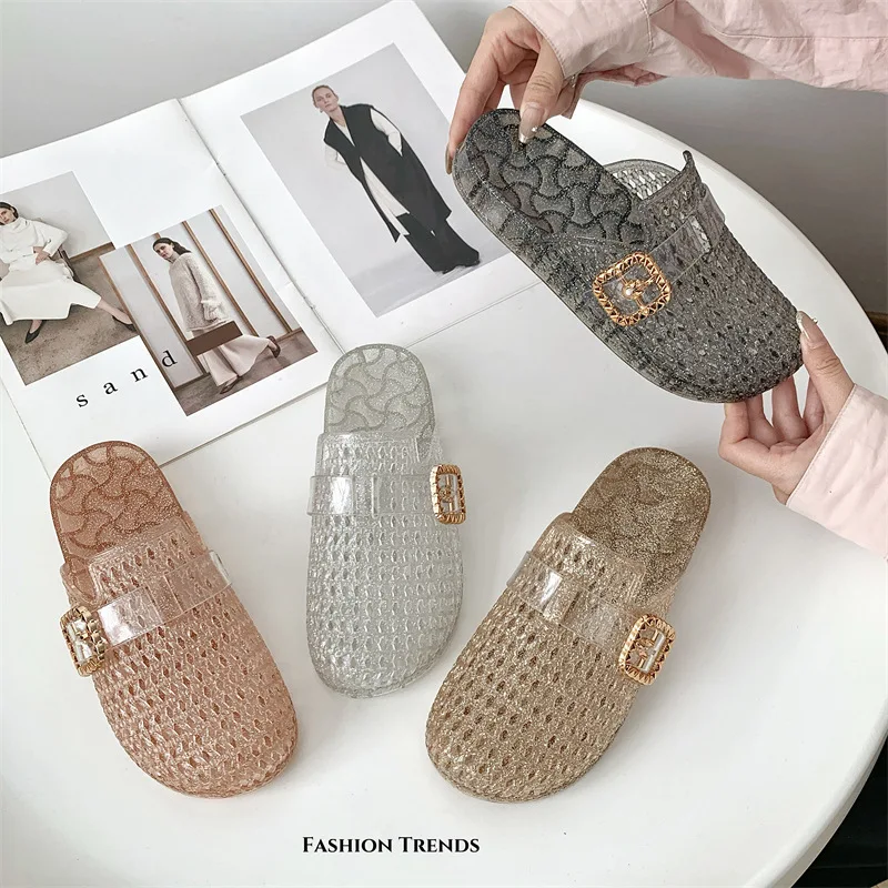Luminary Glitter Jelly Flats – Breathable Jewel-Buckle Loungers - Image 2