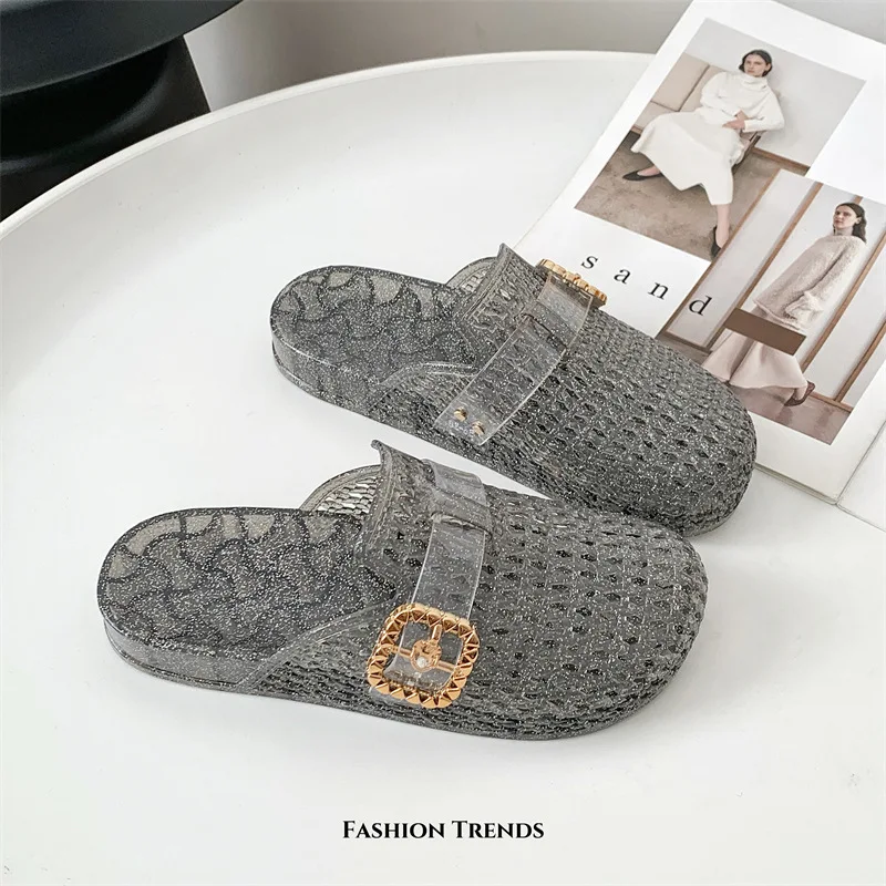 Luminary Glitter Jelly Flats – Breathable Jewel-Buckle Loungers - Image 5