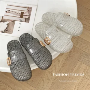 Luminary Glitter Jelly Flats – Breathable Jewel-Buckle Loungers