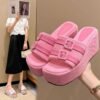 Women's slippers for outerwear, 2025 spring new Chanel style, elegant fairy-style women's shoes, square button platform cake thick-soled flip-flops