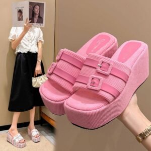Women's slippers for outerwear, 2025 spring new Chanel style, elegant fairy-style women's shoes, square button platform cake thick-soled flip-flops