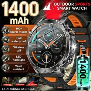 2026 Military 1400mAh Battery Smart Watch Men Outdoor SOS Flashlight IP68K Waterproof Heart Rate Bluetooth Call Sports Bracelets