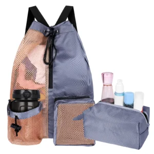 Mesh Drawstring Swim Backpack with Waterproof Wet Pocket Water Bottle Holder Breathable Beach Gym Sports Bag for Surfing Workout