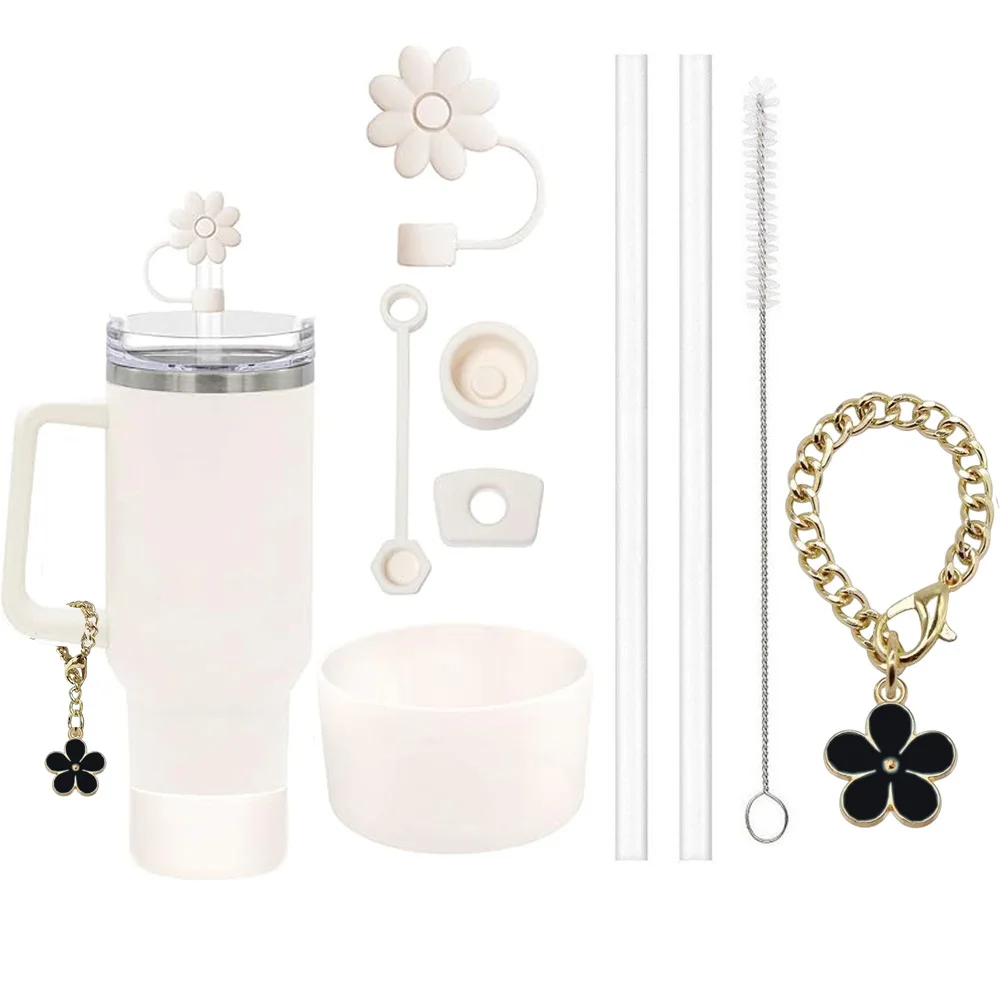 9pcs Accessories Set 3 Spill Proof Stopper Flowers Straw Cover Boot 2 Straw and Brush and 1 Flower Charm Chain for Stanley Cup - Image 3