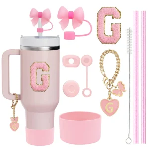 10PCS Accessories Set for Stanley Cup, 2 Straw and Brush and 1 Flower Charm Chain 3 Spill Proof Stopper Flowers Straw Cover Boot