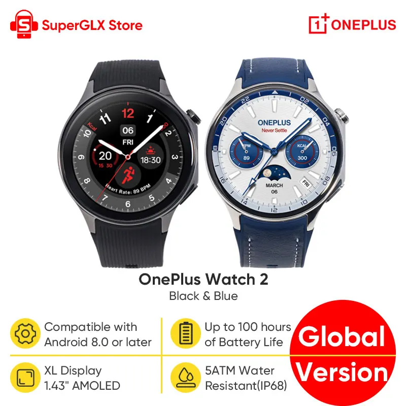 Global Version OnePlus Watch 2 Smart Watch 2GB RAM 32GB ROM 1.43'' AMOLED Display Google Wear OS 4 Dual Frequency GPS NFC Watch