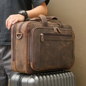 High Quality Genuine Leather Men Briefcase Business bag Crazy Horse Leather Large 17"inch Laptop Bag male Portfolio Office Case