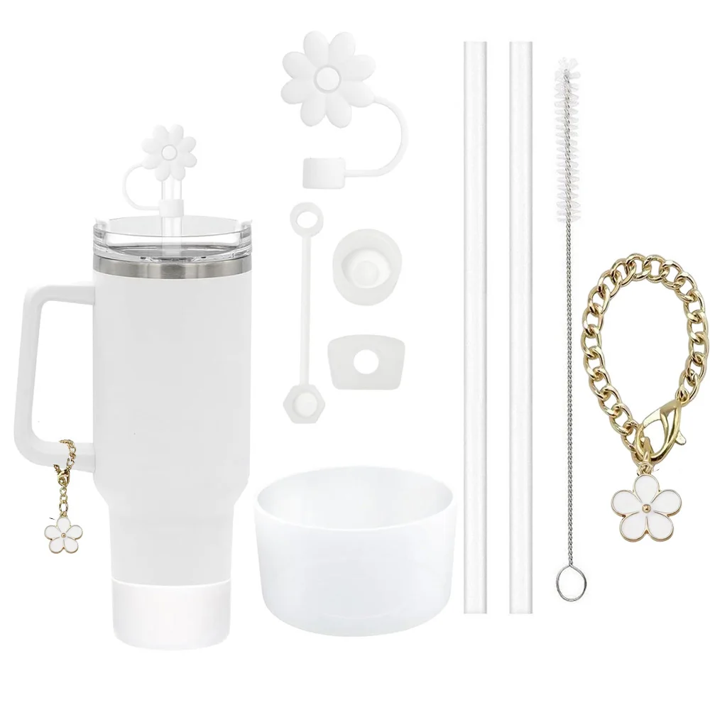 9pcs Accessories Set 3 Spill Proof Stopper Flowers Straw Cover Boot 2 Straw and Brush and 1 Flower Charm Chain for Stanley Cup - Image 2