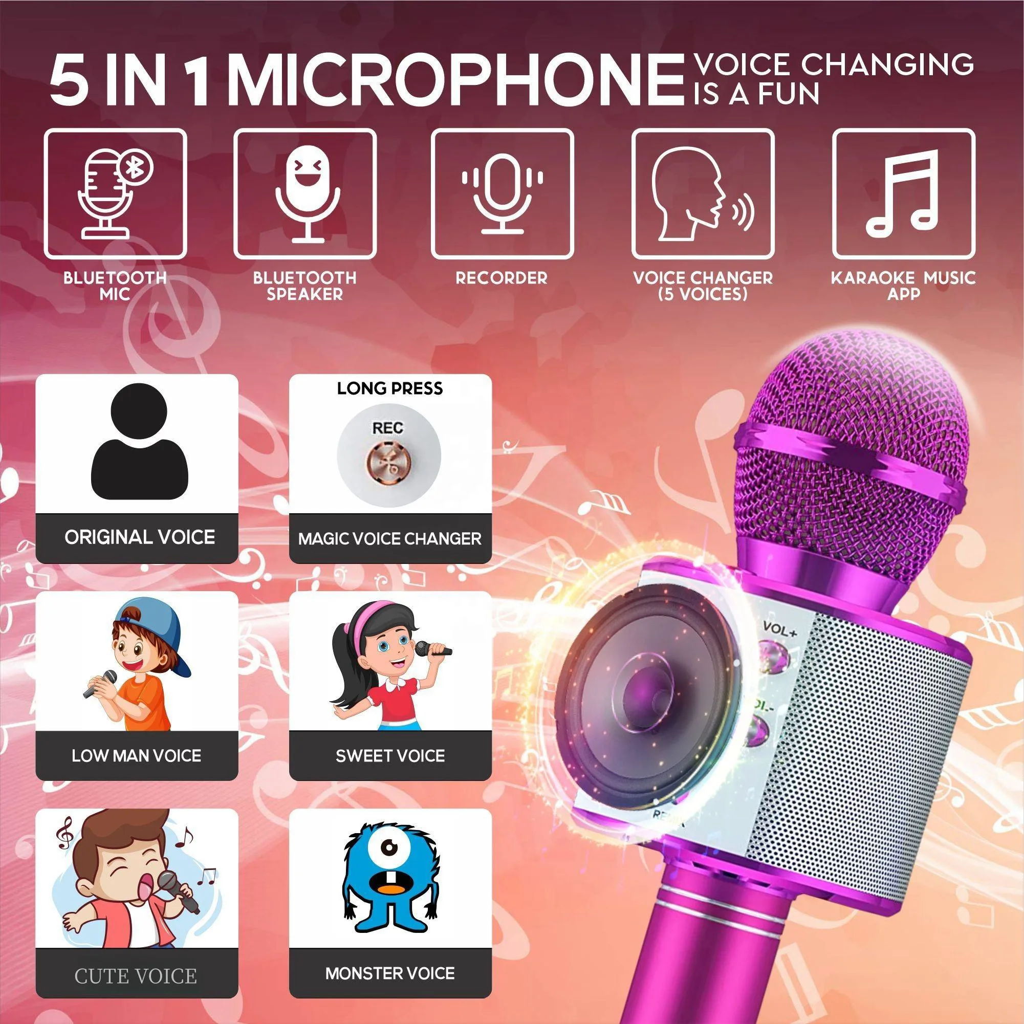 Wireless Karaoke Microphone Bluetooth Speaker, Multi-Function Controls 5-in-1 portable Handheld Mic for singing For Party - Image 3