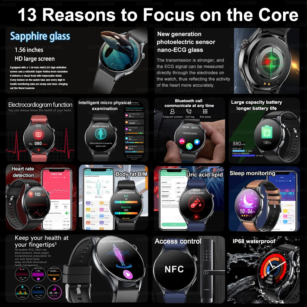 2026 New Smart Watch NFC ECG+PPG Blood oxygen Uric Acid Blood Pressure Sapphire Smartwatch Men For Android iOS Smart watch men - Image 2