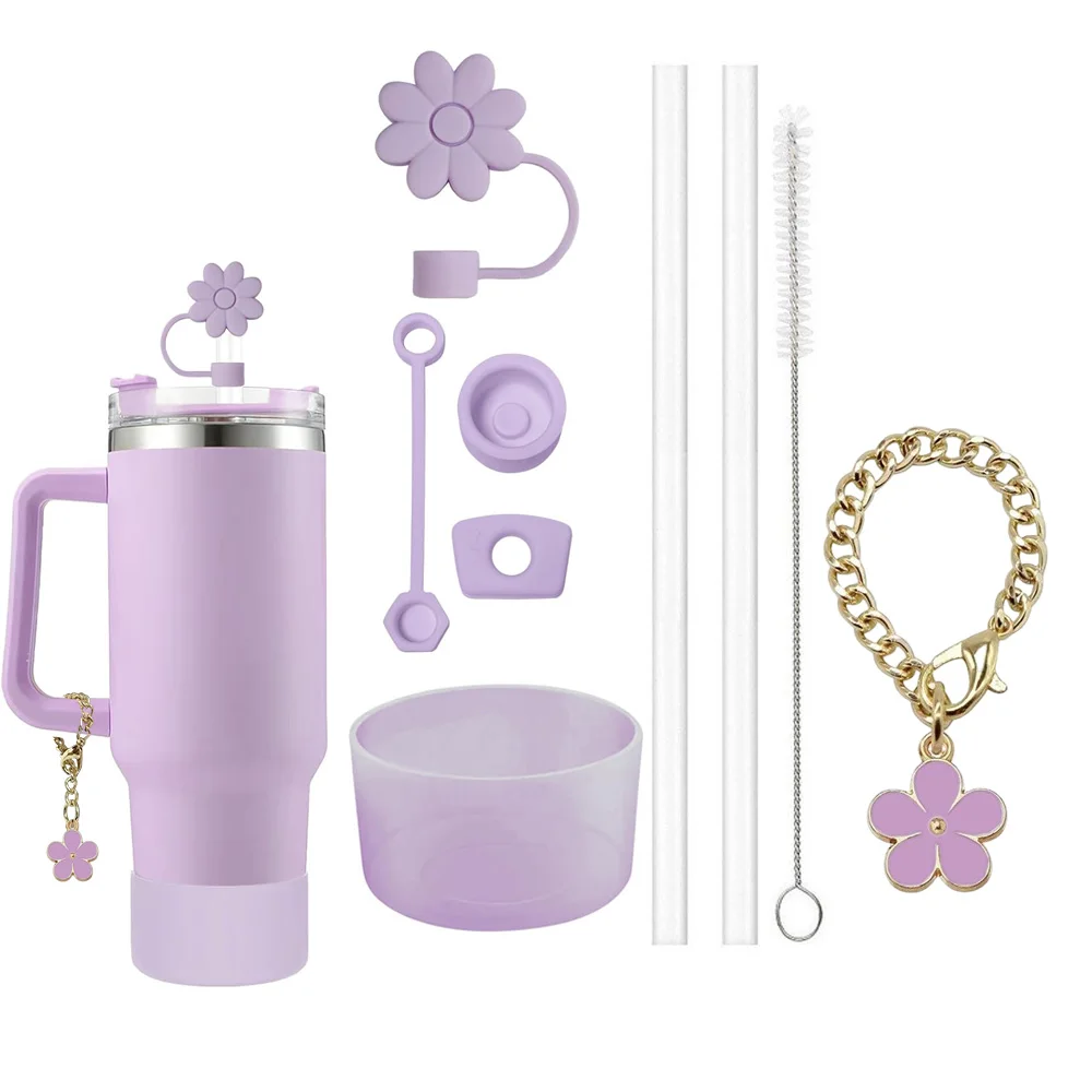 9pcs Accessories Set 3 Spill Proof Stopper Flowers Straw Cover Boot 2 Straw and Brush and 1 Flower Charm Chain for Stanley Cup - Image 4