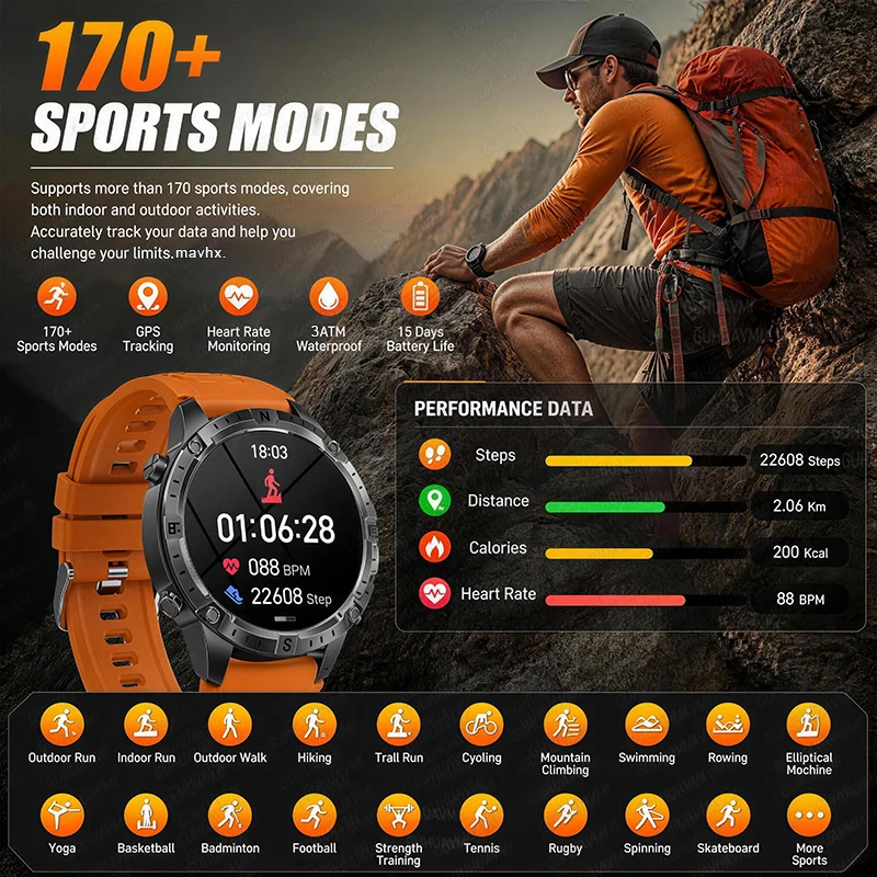 2026New Military Built-in GPS Offline Map Smart Watch AMOLED HD BT Call Compass Flashlight 3ATM Waterproof Men Sports Smartwatch - Image 4