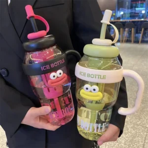 Cute Large Capacity Water Bottle with Straw Wide Mouth Plastic Tumbler for Leak Proof Lid Summer Fruit Tea Travel Sports Cup